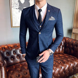 (Jacket + Vest + Pants) Men's Casual Plaid High-End Formal 3Pc Set Suit