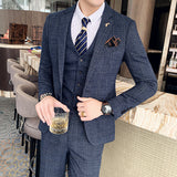 (Jacket + Vest + Pants) Men's Casual Plaid High-End Formal 3Pc Set Suit