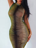 Hawthaw Women Summer Sleeveless See Through Bodycon Striped Mini Dress Sundress Female Clothing Streetwear Wholesale Items