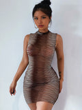Hawthaw Women Summer Sleeveless See Through Bodycon Striped Mini Dress Sundress Female Clothing Streetwear Wholesale Items