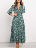 Women Chiffon Long Dress Floral Print Lantern Sleeve A-line Maxi Vestidos Autumn New Elegant Vintage V Neck Winter Dresses