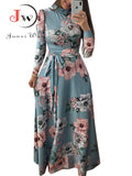 Casual Long Sleeve Boho Floral Print Maxi Dress Turtleneck Bandage Elegant Party Dresses Vestidos