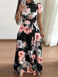 Casual Long Sleeve Boho Floral Print Maxi Dress Turtleneck Bandage Elegant Party Dresses Vestidos