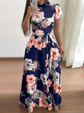 Casual Long Sleeve Boho Floral Print Maxi Dress Turtleneck Bandage Elegant Party Dresses Vestidos
