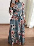 Casual Long Sleeve Boho Floral Print Maxi Dress Turtleneck Bandage Elegant Party Dresses Vestidos
