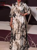 VONDA Women Vintage Printed Maxi Long Dress Casual Vestido Casual Robe Femme Holiday Sundress Oversized