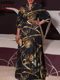 VONDA Women Vintage Printed Maxi Long Dress Casual Vestido Casual Robe Femme Holiday Sundress Oversized