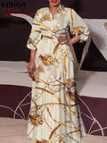 VONDA Women Vintage Printed Maxi Long Dress Casual Vestido Casual Robe Femme Holiday Sundress Oversized