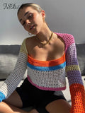 FSDA Knitted Long Sleeve Crop Top Women Beach Autumn Summer Patchwork Vintage Green Casual T Shirts Sexy Fashion