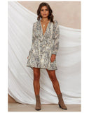 KALENMOS A-Line Long Sleeve V-Neck Knee Length Printed Dress for Women