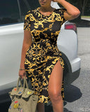 Sexy Skinny Dress Women Ink Splash Print Short Sleeve Drawstring Ruched Dress ummer Casual Slit Party Dress Loungewear