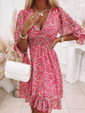 Elegant Retro Floral Print Flare Sleeve Mini Dress Spring Ruffle Loose Women Party Dress