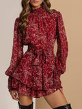 Spring Vintage Perspective Floral Print Dress Women Casual Long Sleeve