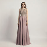 New Arrival Cheap Long Prom Dresses Chiffon Sheer Neck Illusion Back Evening Party Gown Beading Bodice Formal Women Dress OL475