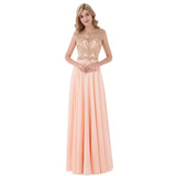 New Arrival Cheap Long Prom Dresses Chiffon Sheer Neck Illusion Back Evening Party Gown Beading Bodice Formal Women Dress OL475
