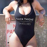 High Cut THICK THIGHS SAVES LIVES Funny Letter Swimsuit One Piece Swimwear Black Monokini Bodysuit