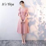 It's YiiYa Pink Off The Shoulder Half Sleeve Backless Appliques Ruffles Lace Zipper Cocktail Gowns Tea Length Formal Dress LX415