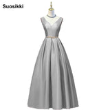 V-neck Double shoulder prom dress long a-line red elegant stain formal evening party dresses