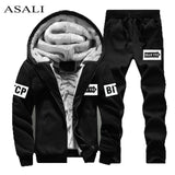 Men Tracksuit Camouflage Print Fleece Lined Thick Warm Hooded Set Winter Patchwork Jacket Mens Sweatshirt Pants Jogger Suit 2Pcs