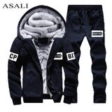 Men Tracksuit Camouflage Print Fleece Lined Thick Warm Hooded Set Winter Patchwork Jacket Mens Sweatshirt Pants Jogger Suit 2Pcs