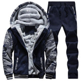 Men Tracksuit Camouflage Print Fleece Lined Thick Warm Hooded Set Winter Patchwork Jacket Mens Sweatshirt Pants Jogger Suit 2Pcs