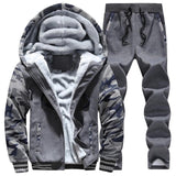 Men Tracksuit Camouflage Print Fleece Lined Thick Warm Hooded Set Winter Patchwork Jacket Mens Sweatshirt Pants Jogger Suit 2Pcs