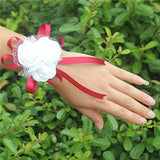 10piece/lot Most Popular PE Flowers Corsage Wedding Wrist Band Boutonniere Custom Made White 3 Rose Ribbon Wrist Flowers  SW003