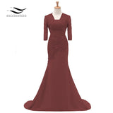 Three Quarters Sleeves Champagne Mermaid Lace Formal Evening Dress With Jacket Mother Of Bride Gown For Wedding Party SL-M002