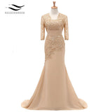 Three Quarters Sleeves Champagne Mermaid Lace Formal Evening Dress With Jacket Mother Of Bride Gown For Wedding Party SL-M002