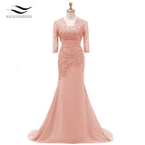 Three Quarters Sleeves Champagne Mermaid Lace Formal Evening Dress With Jacket Mother Of Bride Gown For Wedding Party SL-M002
