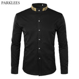 Fashion Embroidery Shirt Men 2018 Autumn New Mandarin Collar Long Sleeve Dress Shirt Mens Slim Fit Wedding Tuxedo Shirts Male