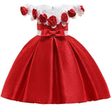 New Style Girl Wedding Party One-character Shoulder Nail Pearl Flower Banquet Ball Dress