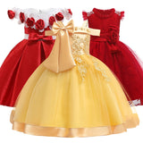 New Style Girl Wedding Party One-character Shoulder Nail Pearl Flower Banquet Ball Dress