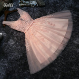 Elegant Pearl Pink Prom Dresses 2019 Sexy Prom Dress Short V Neck Appliques Beading Lace Up Knee-Length Graduation Party Gowns
