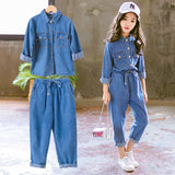 Casual Denim Solid Blue Two Piece Tracksuit for Kids