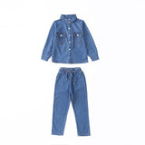 Casual Denim Solid Blue Two Piece Tracksuit for Kids