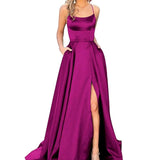 Sexy Criss-Cross Back Long Prom Dresses Candy Color Strapless Satin Prom Gowns Spaghetti Strap Slit Evening Party Dresses