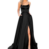 Sexy Criss-Cross Back Long Prom Dresses Candy Color Strapless Satin Prom Gowns Spaghetti Strap Slit Evening Party Dresses