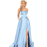 Sexy Criss-Cross Back Long Prom Dresses Candy Color Strapless Satin Prom Gowns Spaghetti Strap Slit Evening Party Dresses