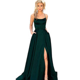 Sexy Criss-Cross Back Long Prom Dresses Candy Color Strapless Satin Prom Gowns Spaghetti Strap Slit Evening Party Dresses