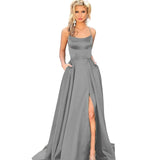Sexy Criss-Cross Back Long Prom Dresses Candy Color Strapless Satin Prom Gowns Spaghetti Strap Slit Evening Party Dresses