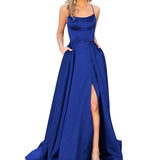 Sexy Criss-Cross Back Long Prom Dresses Candy Color Strapless Satin Prom Gowns Spaghetti Strap Slit Evening Party Dresses