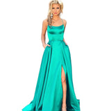 Sexy Criss-Cross Back Long Prom Dresses Candy Color Strapless Satin Prom Gowns Spaghetti Strap Slit Evening Party Dresses