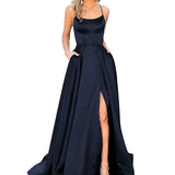 Sexy Criss-Cross Back Long Prom Dresses Candy Color Strapless Satin Prom Gowns Spaghetti Strap Slit Evening Party Dresses