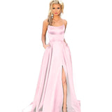 Sexy Criss-Cross Back Long Prom Dresses Candy Color Strapless Satin Prom Gowns Spaghetti Strap Slit Evening Party Dresses