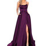 Sexy Criss-Cross Back Long Prom Dresses Candy Color Strapless Satin Prom Gowns Spaghetti Strap Slit Evening Party Dresses