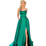 Sexy Criss-Cross Back Long Prom Dresses Candy Color Strapless Satin Prom Gowns Spaghetti Strap Slit Evening Party Dresses