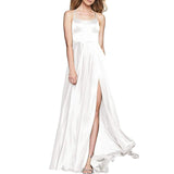 Sexy Criss-Cross Back Long Prom Dresses Candy Color Strapless Satin Prom Gowns Spaghetti Strap Slit Evening Party Dresses