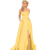 Sexy Criss-Cross Back Long Prom Dresses Candy Color Strapless Satin Prom Gowns Spaghetti Strap Slit Evening Party Dresses