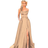 Sexy Criss-Cross Back Long Prom Dresses Candy Color Strapless Satin Prom Gowns Spaghetti Strap Slit Evening Party Dresses